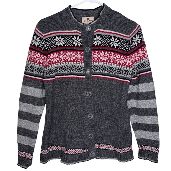 Woolrich Women’s Red and Gray Button Front Cardigan Fairisle Sweater Size Medium - Picture 1 of 9